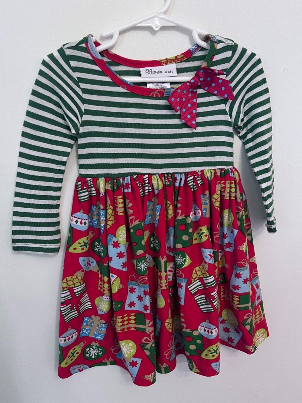 Bonnie Jean Toddler Girls Christmas Dress Green Stripe Ornaments Presents 2T